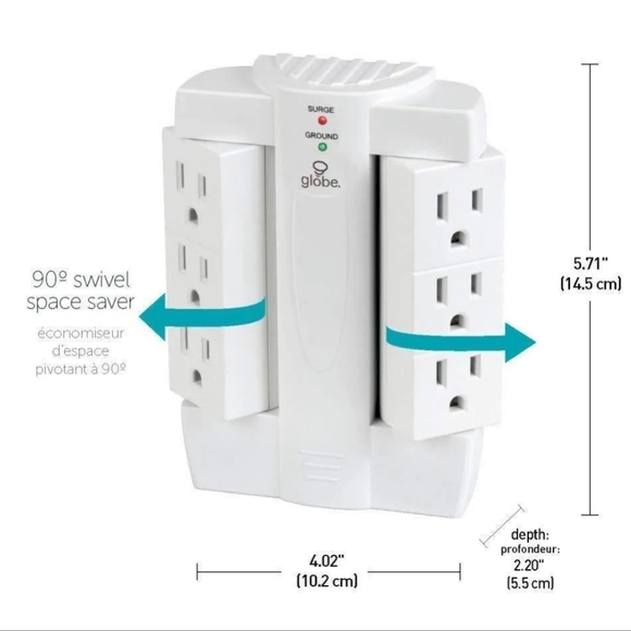 Globe Electric's 6 Outlet Swivel Surge Protector Wall Adapter White - Picture 4 of 7